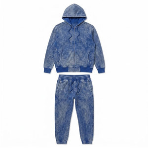 Stylish Men Acid Wash Tracksuit Full <b>Zip</b> <b>Hooded</b> Jacket And Tapered Joggers Modern Streetwear Casual Sportswear Outfit - Product Image 1