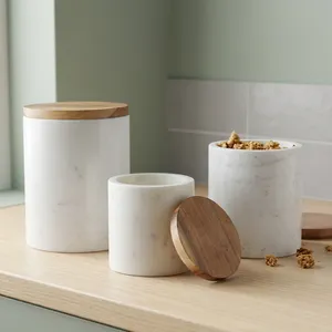Tarros de Almacenamiento de Mármol Blanco SUNWOODD EXPO con Tapas de Madera y Soporte para Uso en la Encimera de la Cocina - Product Image 1