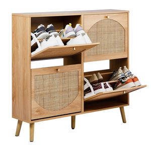 Scarpiera Originale Woo 105*24*98cm con Piedini Alti, Superficie in Rattan Arcuato, 2 File, 4 Contenitori Ribaltabili, in Pannello Trimelaminico ad Alta Densità - Product Image 3