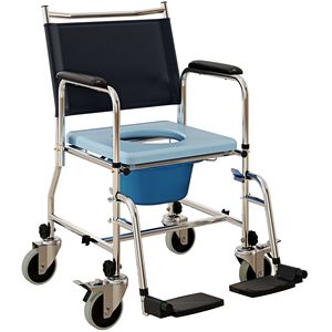 Chaise de douche roulante noire 300 lb, chaise de toilette de chevet, fauteuil roulant avec dossier et siège rembourrés, revêtement poudré pour personnes âgées et handicapées - Product Image 1