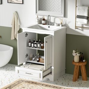 Mobile Bagno Moderno Freestanding da 24 Pollici con Lavabo in Ceramica, Mobiletto Contenitore con Chiusura Ammortizzata e Maniglie Argento - Product Image 4