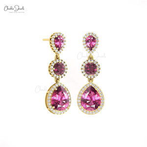 Triple Gemstone <b>Earrings</b> 10x8mm Pear Cut Rhodolite Garnet & Pave Diamond Halo Dangle with 14k Solid Gold Dual Birthstone <b>Earring</b> - Product Image 1