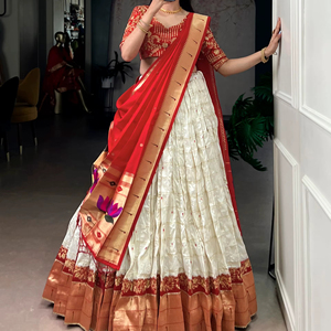 Conjunto de Lehenga Choli TENNECY para Mujer, Elástico, de Seda, con Lentejuelas Paithani Bordadas, Corte Acampanado, Semi-Confeccionado, para Bodas y Fiestas - Product Image 1