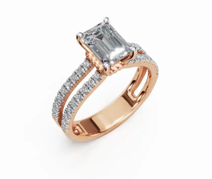 Bague de fiançailles en or jaune, rose ou blanc 9K, 14K, 18K avec émeraude de laboratoire taille émeraude de 0,631 carat et bande de diamants à 37 pierres, en or 9K, 14K, 18K. - Product Image 5