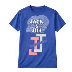 Camiseta Dri Fit Jack and Jill Azul con Nube de Palabras y Logotipo de Jack y Jill, Camiseta Juvenil Cómoda para Deportes y Uso Casual - Product Image 1