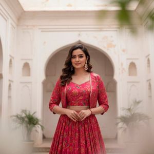 Lehenga de seda rosa con estampado floral y elegante blusa Koti, completamente cosida, de primera calidad, lista para usar, precio al por mayor de Royal Export. - Product Image 4