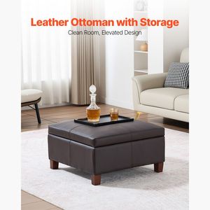 Pouf da salotto quadrato da 28 pollici con bottoni trapuntati, in pelle PU, con contenitore in MDF e coperchio ribaltabile, ideale per l'ingresso - Product Image 2