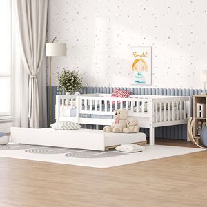Letto singolo in legno bianco con letto estraibile e sponde di sicurezza per camerette dei bambini - Product Image 1