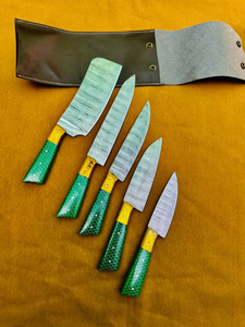 Juego de Cuchillos de Acero de Damasco Hechos a Mano, 5 Piezas, Mango de Resina Verde, Cuchillos de Chef Afilados, Cuchillos de Cocina Ambidiestros, Venta al Por Mayor OEM - Product Image 3