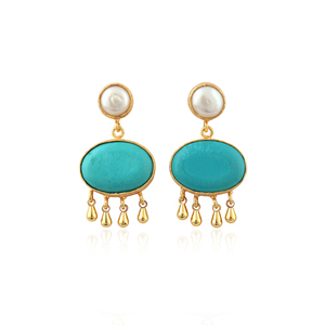 Handcrafted turquoise pearl chandelier <b>earring</b> 18k gold plated brass metal bezel set dangle pushback artisan fashion ear jewelry - Product Image 2