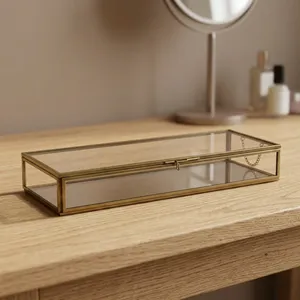 Rectangular Glass Jewelry <b>Box</b> with Brass Frame and <b>Mirror</b> Base for Jewellery Storage Display - Product Image 1