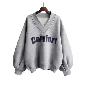 Sudadera oversize de algodón con cuello en V para mujer, tipo jersey, venta al por mayor, sudaderas con capucha cortas, sudaderas/suéteres con cuello en V - Product Image 1