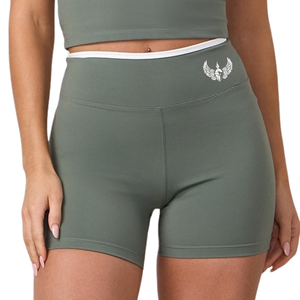 Shorts Deportivos de Cintura Alta para Mujer, Color Verde Oliva, con Contraste, Elásticos, para Gimnasio, Entrenamiento, Fitness y Ejercicio - Product Image 1