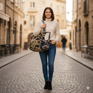 Black Floral Botanical Print Quilted Cotton Tote <b>Bag</b> Long Shoulder Handles Handmade Reusable Womens Large Capacity Foldable Open - Product Image 2