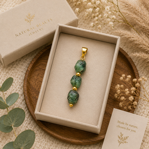 Natural <b>Emerald</b> Three Stone <b>Pendant</b> | Raw Green Crystal Charm | Gold Accent Boho Necklace Jewelry - Product Image 1