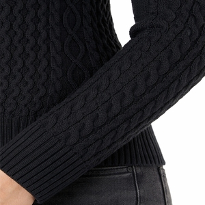 Pull classique en maille texturée à col rond, manches longues, construction à manches complètes, couleur unie noire, pull pour l'automne - Product Image 3