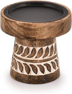 Portavelas Redondo de Madera con Patrón de Hojas Talladas, Acabado Marrón, Decoración Hecha a Mano para el Hogar, Diseño Personalizable, Impresión en 1 Color - Product Image 1