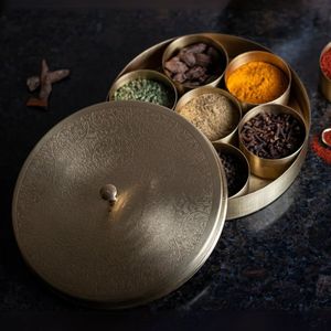 Decorative Indian Brass Condiment <b>Box</b> with <b>Removable</b> Spice Containers Handmade Kitchen Organizer Export Quality Bulk Supply - Product Image 3