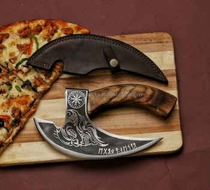 Cuchillo de Damasco Tradicional de Espiga Completa Multiusos, Cuchillo para Cortar Pizza, Hacha para Picar Carne, Cuchillo Utilitario, Cuchillo para Cortar Pizza, Hacha con Funda de Cuero - Product Image 1