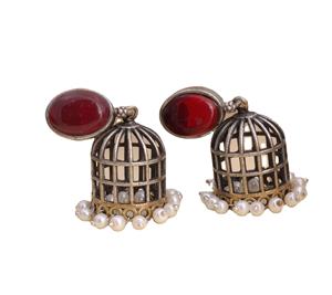 Pendientes Jhumka Étnicos Indios Oxidados con Incrustaciones de Piedras Rojas para Bodas de Mujer - Product Image 1