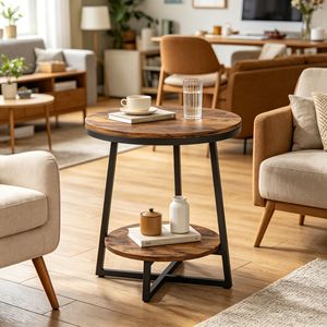 2-Tier Rustic Industrial Round <b>End</b> <b>Table</b> with <b>Storage</b> Shelf Accent Nightstand for Living Room Bedroom - Product Image 2