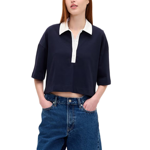 เสื้อโปโลผู้หญิงลายทาง แขนสามส่วน ทรงหลวม สวมใส่สบายๆ สำหรับฤดูใบไม้ผลิและฤดูร้อน สีเหลืองดำ ทอลายบล็อกสี - Product Image 5