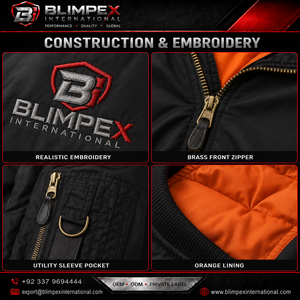 OEM Custom Logo <b>Mens</b> High-Quality Hooded Bomber <b>Jacket</b> Orange Lining Brass Zipper <b>Utility</b> Sleeve Pocket Windbreaker Custom Color - Product Image 2