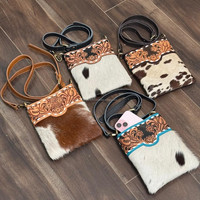 Dompet bahu kulit Tooled desainer buatan tangan tas telepon seluler Mini untuk tas tangan selempang kulit sapi asli wanita