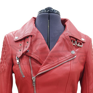 <b>Womens</b> Red Leather <b>Jacket</b> For <b>Women</b> Quilted Shoulder Panels Asymmetric Zip Long Sleeves Biker <b>Winter</b> Fashion <b>Waterproof</b> - Product Image 5