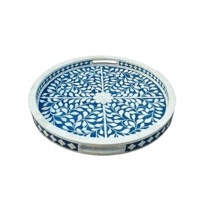 Plateau rond élégant en os incrusté, fait main, en MDF et résine, à compartiment unique, pour bureau, design artisanal - Product Image 5