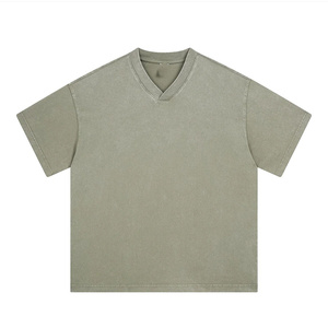 <b>Men's</b> Dark <b>Blue</b> Denim V-Neck Short Sleeve T-Shirt Regular Fit Casual Solid Color Cotton Woven Fabric - Product Image 5