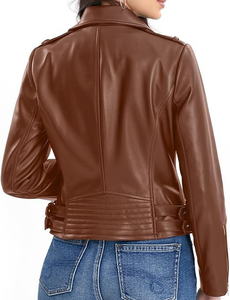 Veste moto en cuir PU marron tricoté, écologique, manches longues, col montant, fermeture éclair, coupe classique, style automne/hiver - Product Image 3