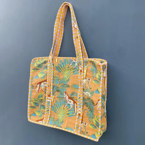 Sac fourre-tout matelassé en coton imprimé jungle, style bohème, forme seau, bandoulière, capacité 1-1,9 L - Product Image 1