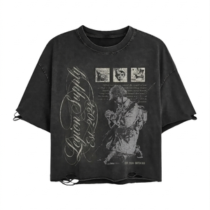 Camiseta de algodón 100% para hombre, corte holgado, estampada, premium, 240 GSM, estilo vintage, lavada, negra, con gráfico, dobladillo desgastado, serigrafía personalizada - Product Image 1