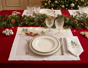 Custom Wholesale Embroidery Sleigh & <b>Christmas</b> <b>Tree</b> Placemat Napkin Set 100% Linen Machine Washable Mats for Holiday Home Events - Product Image 1