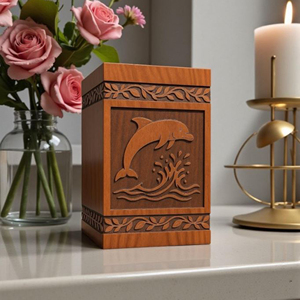 Personalized Wooden Cremation Urn: Dolphin & Waves Engraving, Custom <b>Memorial</b> urn <b>Memorial</b> <b>Keepsake</b> by AYAANS - Product Image 1