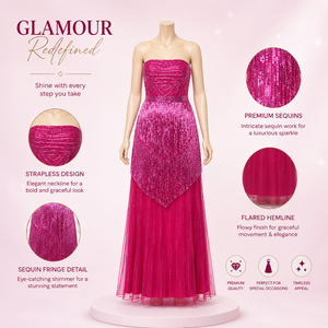Luxury Fuchsia Strapless <b>Sequin</b> Fringe Evening Gown for Women Formal Party Prom Wedding Reception Maxi Dress Elegant Couture - Product Image 5