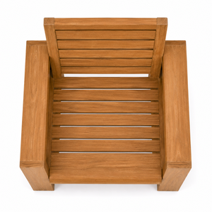 Chaise de jardin d'extérieur en teck massif de design scandinave avec larges accoudoirs, dossier à lattes horizontales, pieds sabre, imperméable et durable - Product Image 3