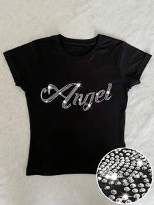 T-shirt court en coton pour femme 2026 OEM avec strass, logo personnalisé, coupe ajustée, motif graphique scintillant, style streetwear tendance - Product Image 6