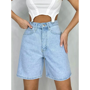 Shorts en jean taille haute pour femme, coupe ample, noir, avec taille élastique, jambes larges, pour l'été - Product Image 1
