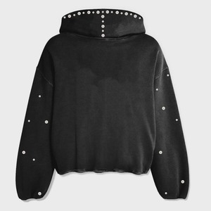 Custom Vintage Acid Wash <b>Black</b> Oversized Hoodie Rhinestone Studded Streetwear Pullover Hoodie for Men and Women - Product Image 2