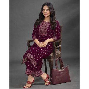 FANCY RAYON FOIL PRINT TOTALMENTE COSTADO KURTI CON PALAZZO VINO - Product Image 1