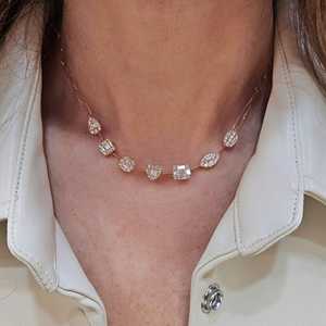 Multi-Shape Cluster Diamond Station Necklace 14K 18K <b>Solid</b> <b>Gold</b> Pave Set Lobster Clasp Layering Luxury Wedding Jewelry <b>Pendant</b> - Product Image 4