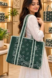Sac fourre-tout en toile matelassée vert à motif cachemire pour femme avec poignées rayées, sac à main tendance à porter à l'épaule - Product Image 2