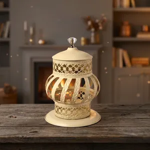 Decorative Metal Lantern <b>Lamp</b> Cream White Finish Intricate Lattice Design Crystal Knob Candle Holder & <b>Table</b> Decor - Product Image 4