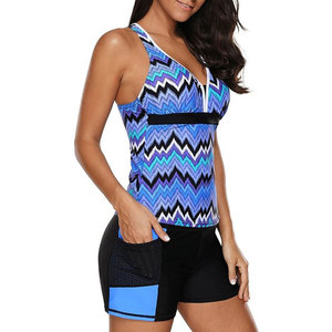 Women Geometric Print Tankini Swimwear <b>Set</b> With Tummy Control Shorts Spandex Polyester Deep V Neck Contrast Binding - Product Image 6