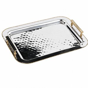 Luxury <b>Silver</b> Beaded Square Serving <b>Tray</b> With Double Handles Decorative Stainless Steel Metal <b>Mirror</b> Platter For Home Wedding - Product Image 4