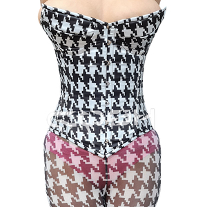 Ensemble corset overbust à imprimé pied-de-poule noir et blanc pour femme avec leggings taille haute en maille transparente - Product Image 6