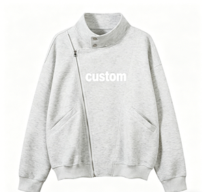 เสื้อสเวตเชิ้ตคอตั้งซิปแบบอสมมาตรสีเทาอ่อนทรงโอเวอร์ไซส์สไตล์ลำลองสำหรับทุกเพศ ผ้าฝ้ายเฟรนช์เทอร์รี่ - Product Image 1