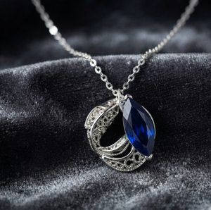 <b>Blue</b> Marquise Pendant <b>Necklace</b> Silver Tone Filigree Link Chain Lab Created Rhinestone Inlay Rose Gold Plated Vintage Gift - Product Image 1